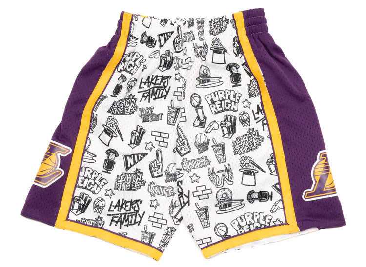Mitchell & Ness Men's Los Angeles Lakers Doodle Swingman Shorts, White, Size: Small, Polyester/Elastic